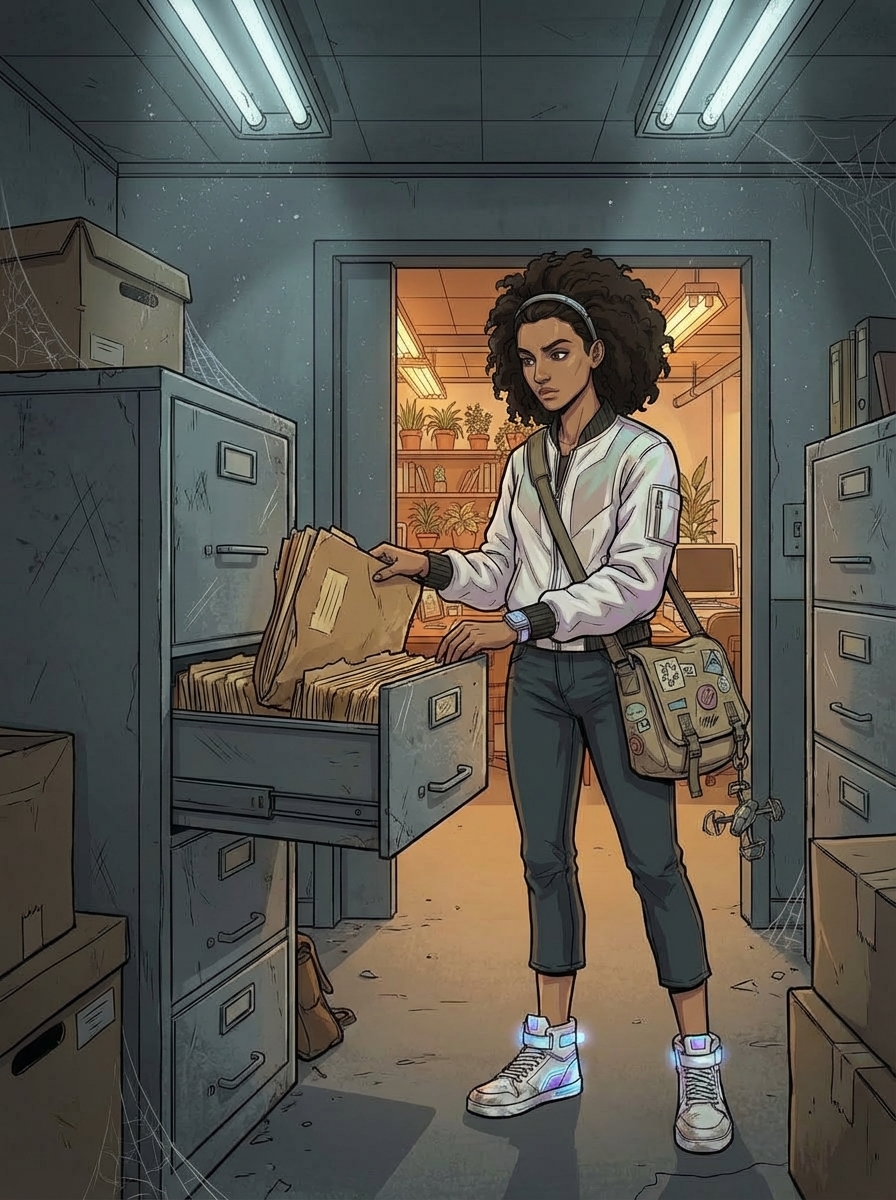 A young woman stands in a dim storage room on Floor 12, pulling a paper folder from a heavy metal filing cabinet.