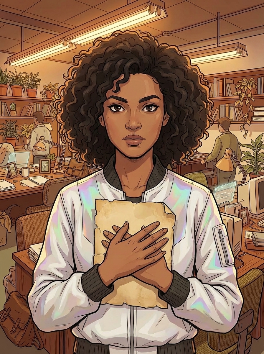 Medium close-up of a young woman holding a piece of yellowed paper against her chest, not reading it but holding it — the way you hold something that represents a starting point.