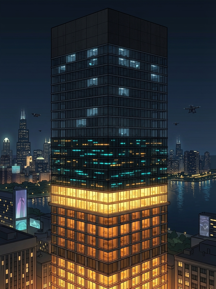 Exterior night shot of the Favor.ai tower — a 30-story neo-brutalist corporate tower against a 2050 Chicago skyline at night.