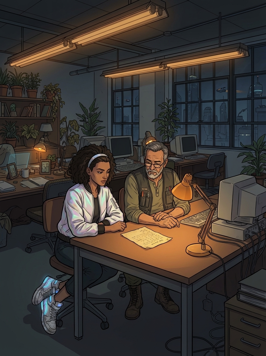 Intimate wide shot on Floor 12 at night.