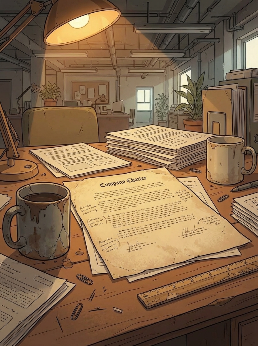 Morning light falls across Raj's cluttered desk on Floor 12, where a yellowed charter document sits between two coffee mugs and a stack of printed documents.
