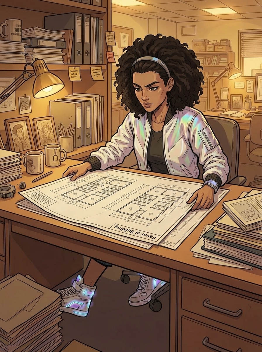 Huma standing in the Floor 12 workspace, looking upward toward the higher floors through the glass ceiling, charter document visible in the background.