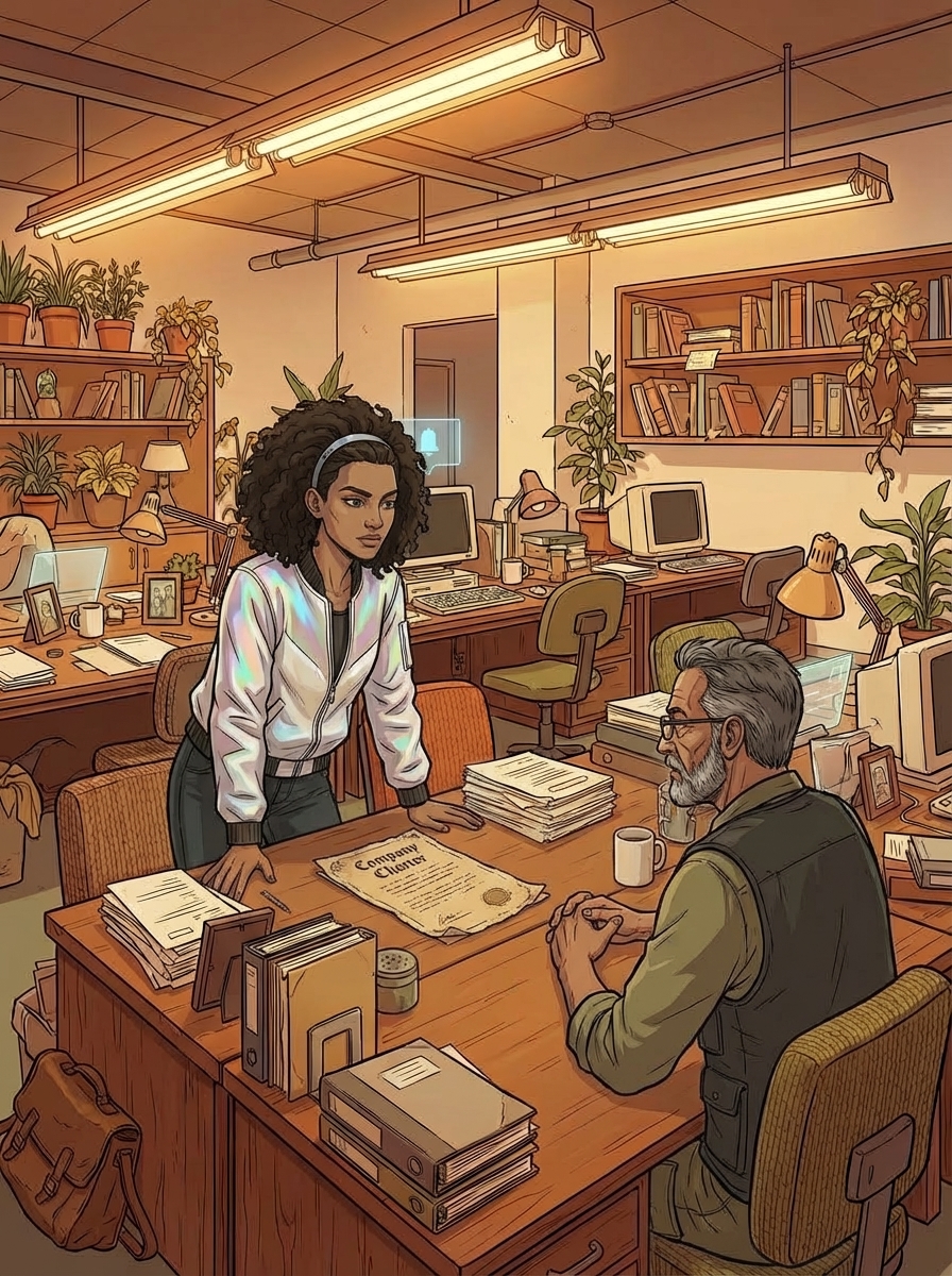 Raj sitting at his desk with arms crossed, looking at Huma with a challenging expression, the charter visible between them.