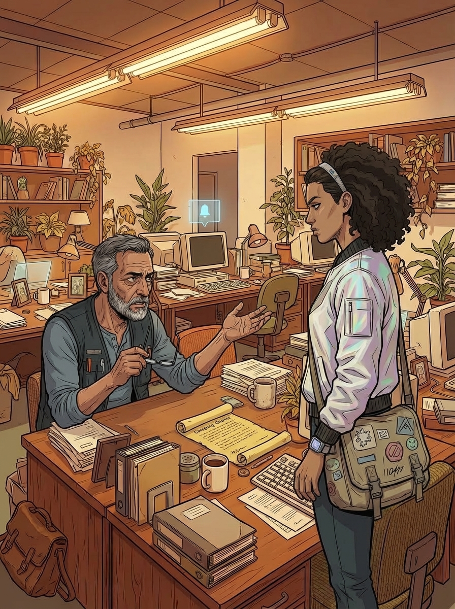 Huma and Raj facing each other across the desk in an intense but quiet conversation, the weight of shared history visible in their postures.