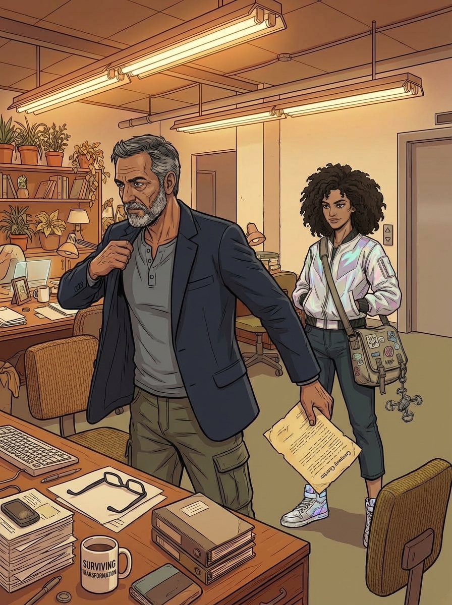 Raj standing up from his desk, putting on his jacket, the charter in his hand — a decisive moment of quiet commitment.