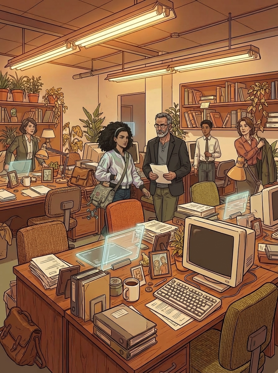 Wide shot of Floor 12 as several contributors stand up from their desks, word spreading through the floor that Huma is going up.