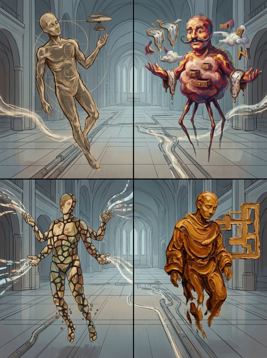 Split view showing four agent interfaces responding simultaneously — Vinci's clinical readout, Dali's chaotic redesign, Michel's logistics grid, and Rem's architectural schematics.