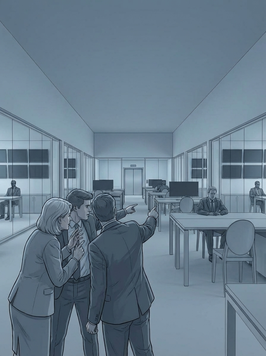 Three Agent Managers stepping out of their glass offices on Floor 27, leaving dark dashboards behind them.