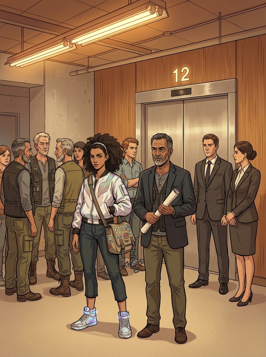 The coalition gathered at the Floor 12 elevator — Huma, Raj, contributors, and three managers — looking at a locked access panel.