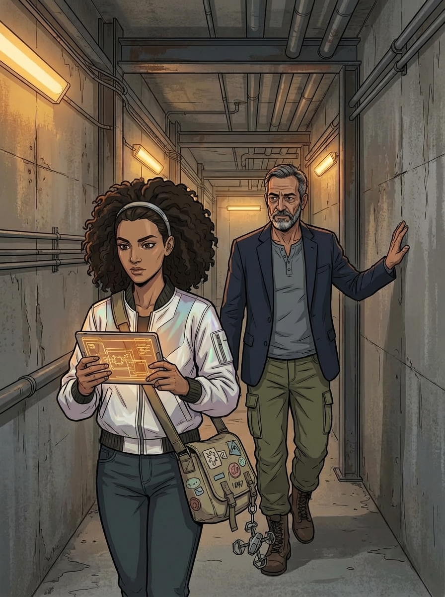 Narrow maintenance corridor with exposed conduit, emergency lighting, and unpainted concrete walls — Raj running his hand along the raw surface.