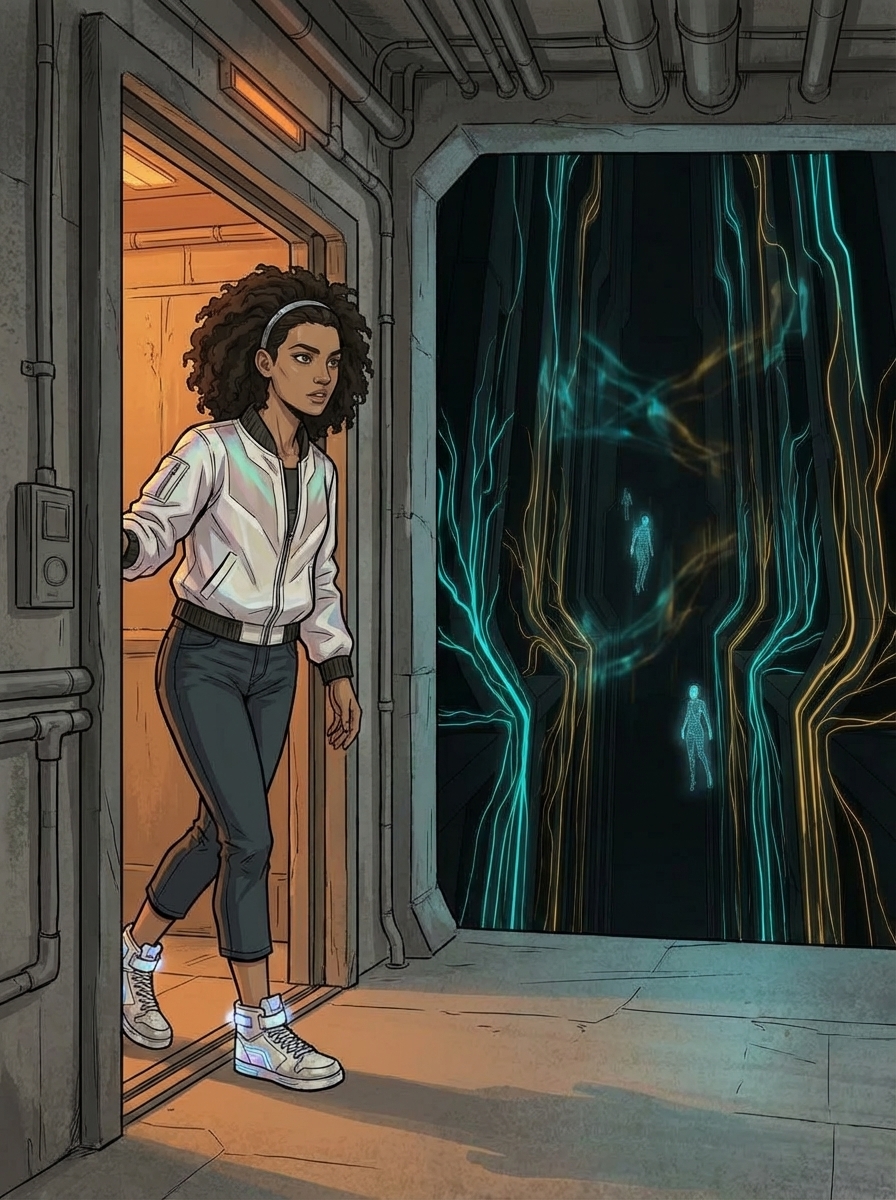 The group stepping through a doorway from the raw maintenance corridor into the alien, living environment of Floor 21.