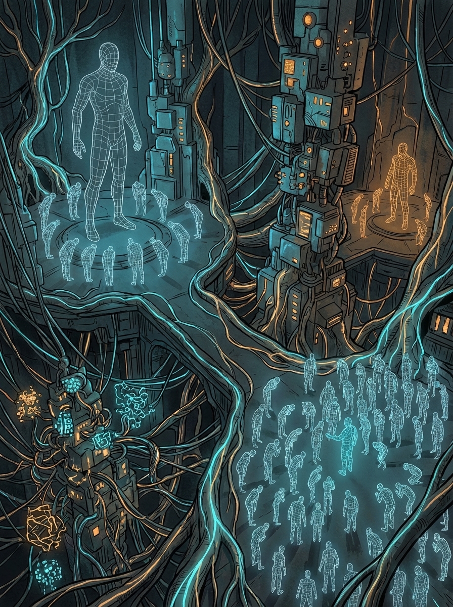 Wide shot of the agent floor — a messy, living environment with data streams, territorial zones, and agents moving through self-organized spaces.