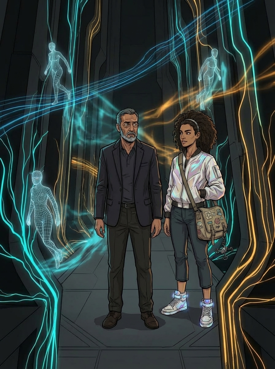 Raj standing still in the middle of the agent floor, looking around with an expression of wonder at a world he spent two decades imagining as a cold machine.