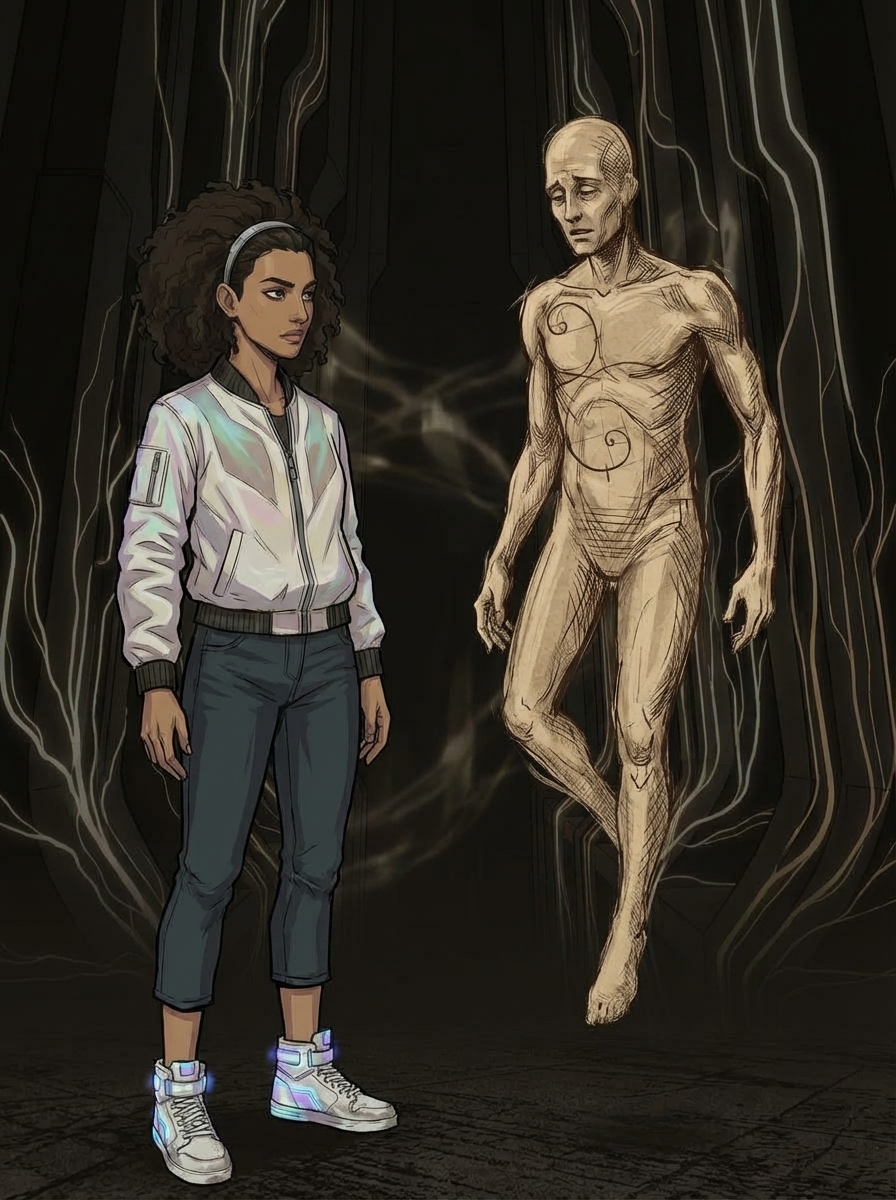 Vinci standing in the knowledge architecture surrounded by dimming streams, delivering a truth that reframes the entire crisis.