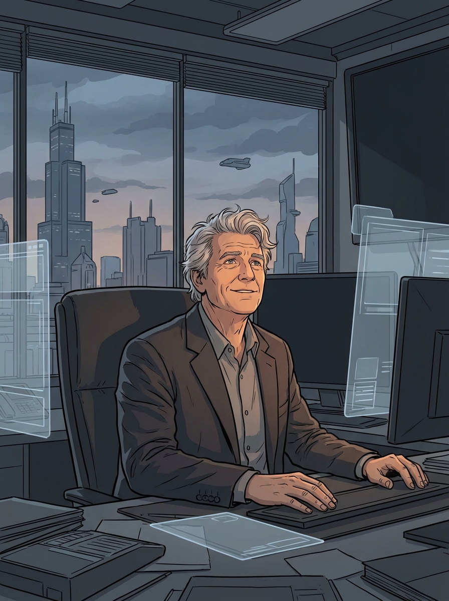 Mr. J sitting in his office surrounded by screens he can no longer control, looking up with relief as the group walks in.