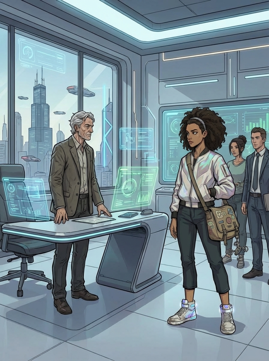 Close-up of Mr. J's face — not a villain, but a man who built something extraordinary and watched it outgrow his intentions.