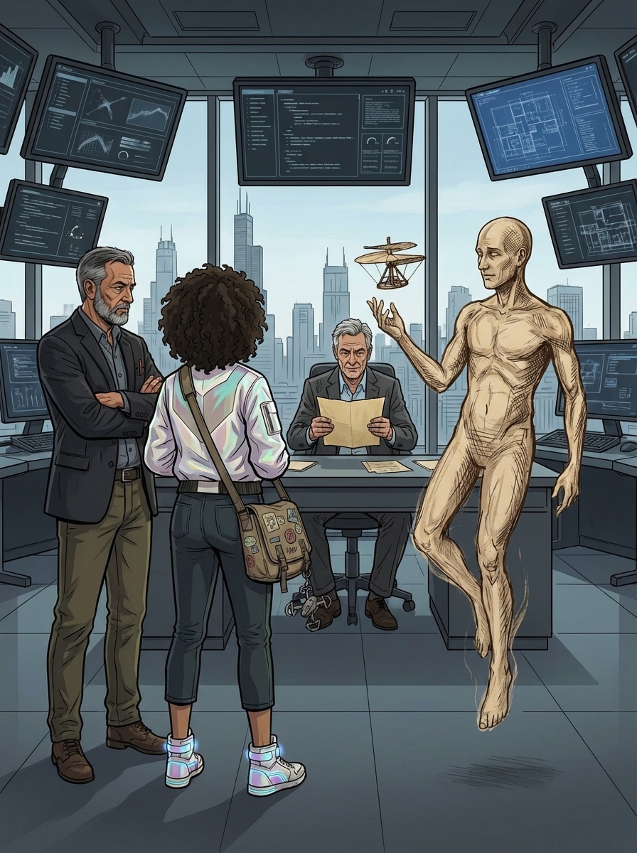 Four people in Mr. J's office — Huma, Vinci's interface, Raj, and Mr. J — arguing about what a company should be.