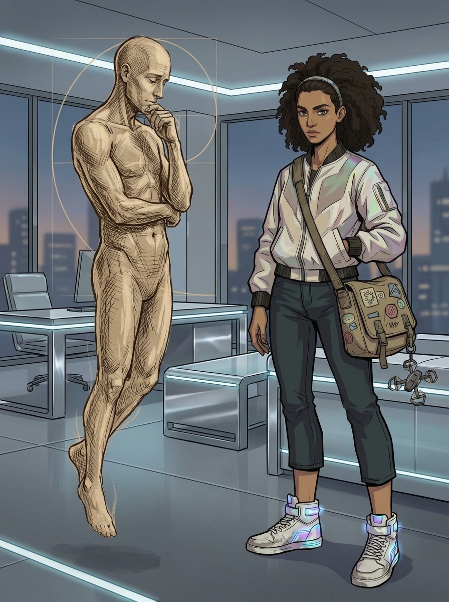 Vinci's interface processing the decision — data models on one side showing the current optimization is correct, Huma's unpredictable journey on the other.