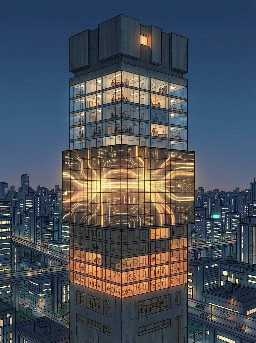 The building coming back to life floor by floor — systems recalibrating, dashboards reappearing, elevators resuming, the building exhaling.