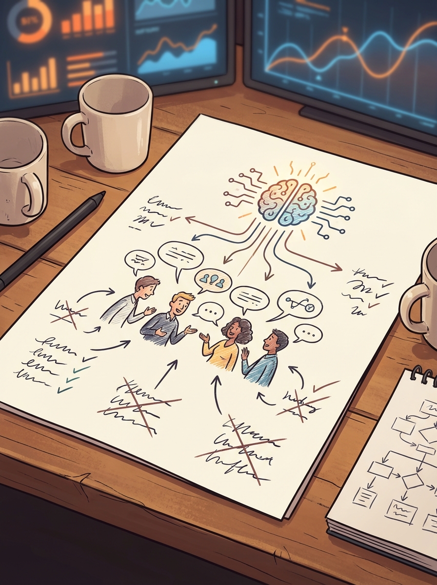 A new set of objectives displayed on a screen, with one principle highlighted — the system must be sustained by human curiosity.