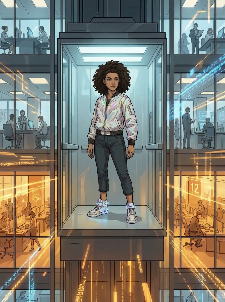 Huma in the glass elevator riding back to Floor 27, the building visible through the glass — lower floors brighter, agent layer humming, upper floors coming alive.