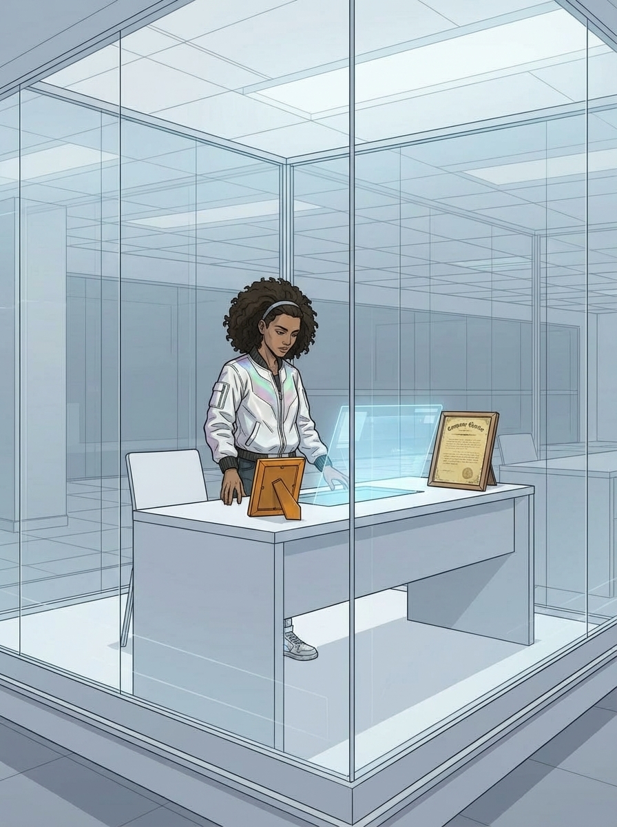 Huma's office on Floor 27 — the Floor 12 photo on the desk next to the framed old charter, paper behind glass on the newest floor.