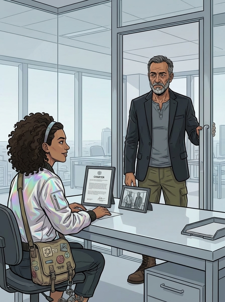 Raj standing in the doorway of Huma's Floor 27 office, looking around at the glass walls and minimal furniture with his complicated almost-approving expression.