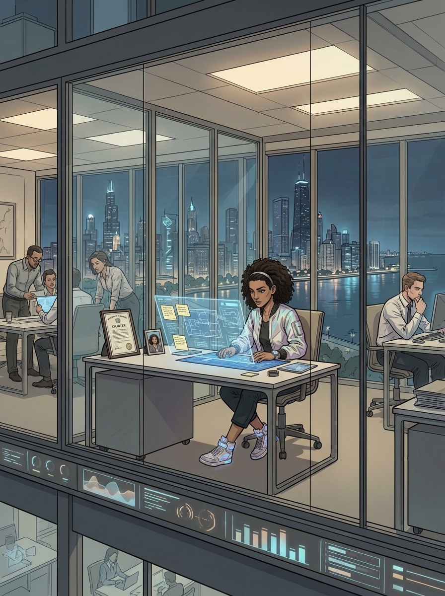 Huma working late in her glass office on Floor 27, the building settled into its new rhythm around her — not because the system told her to, because she chose to.