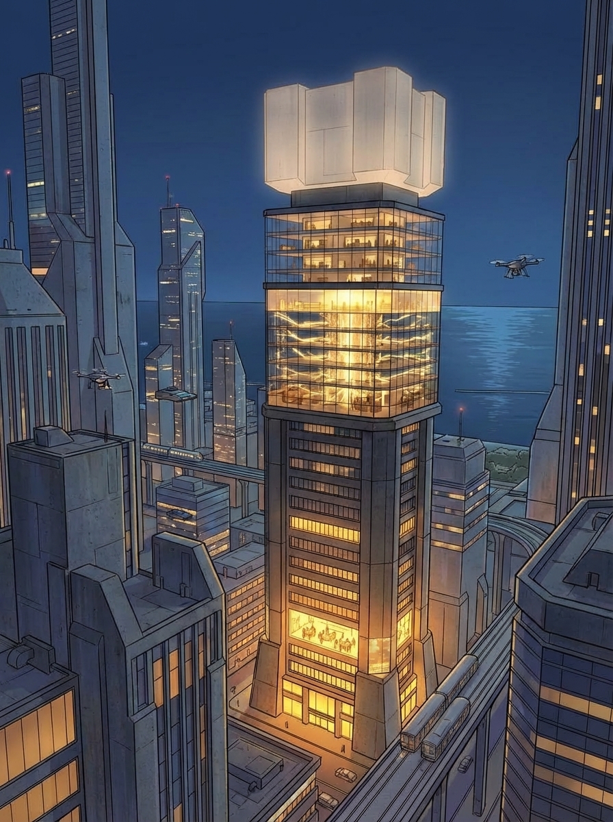 The Favor.ai tower from outside at night — Floor 12 glowing warm and bright, the agent layer pulsing with energy, upper floors lit with uneven human light, Floor 30's crown faintly translucent for the first time.